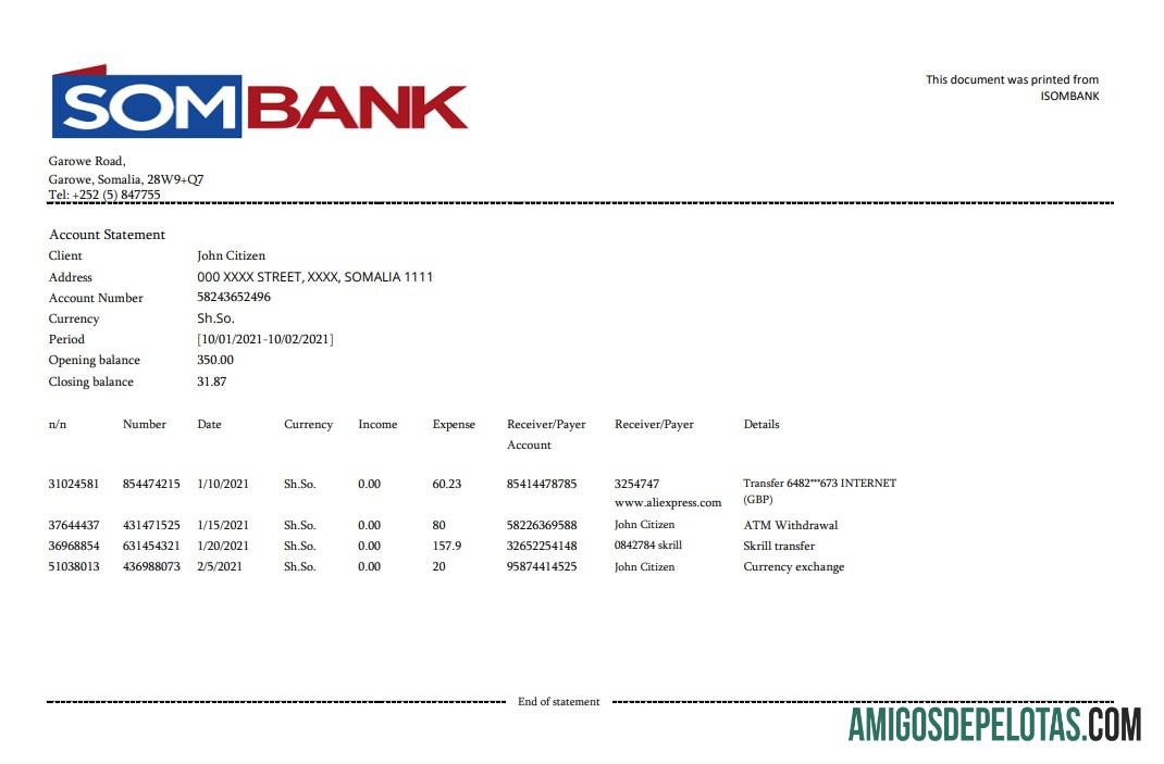 Somalia Sombank Excel Pdf amostra